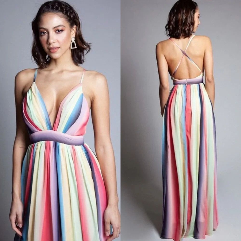 L’Atiste Rena Ombre Raibow Maxi Halter Spaghetti Straps Flowing Dress Size S NWT